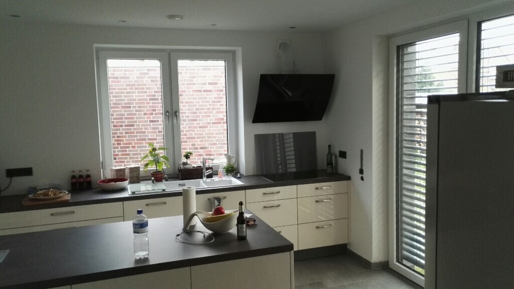 Helle Küche mit Kochinsel, Spüle vor Fensterfront, Pflanzen auf der Fensterbank, Kühlschrank rechts.