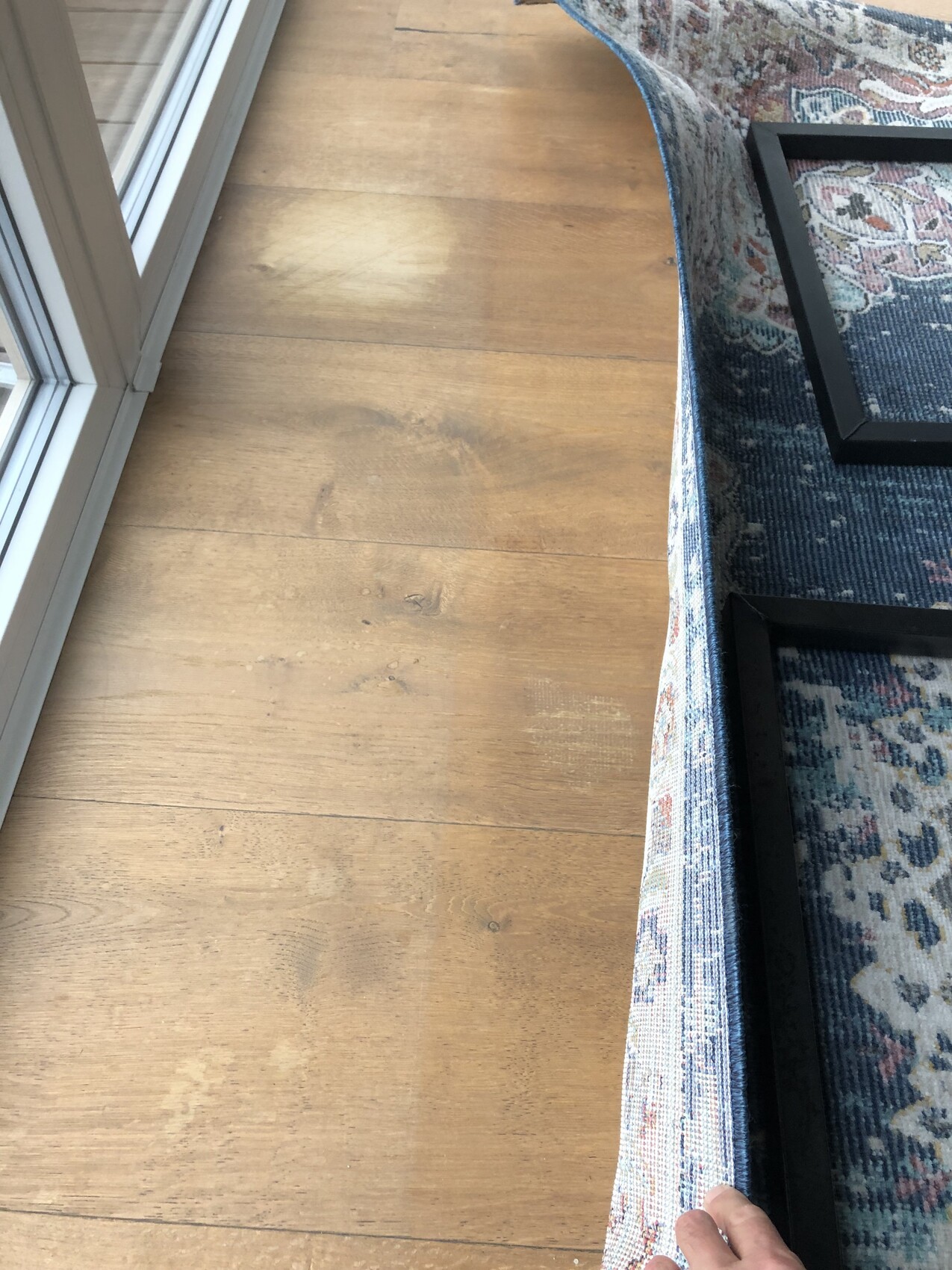 Holzfußboden; Couch mit schwarzem Gestell am Rand, bunter Teppich daneben, Glas-Schiebetür links.