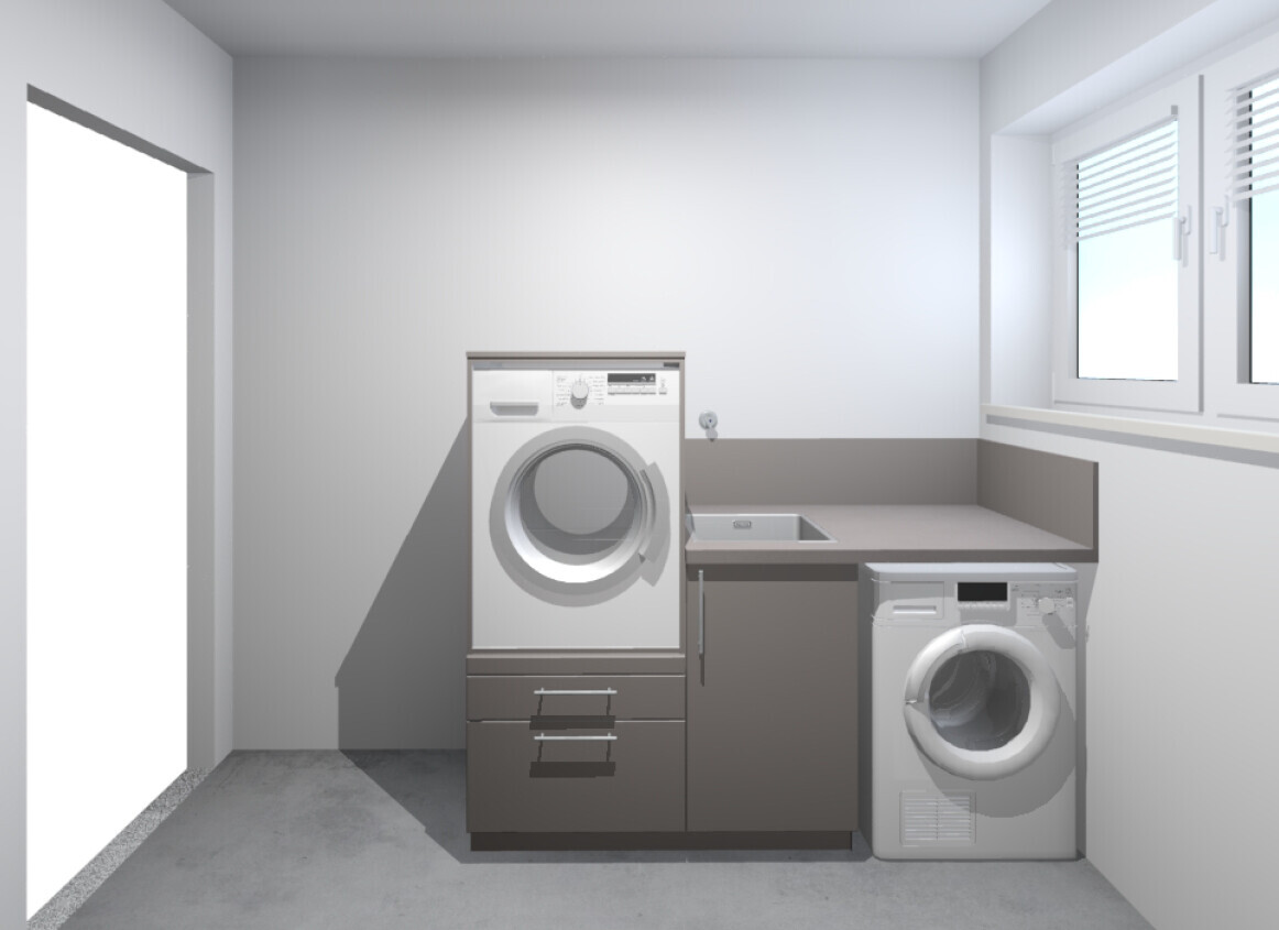 Waschküche: Waschmaschine auf Unterschrank, Spüle, zweiter Frontlader, Fenster rechts.