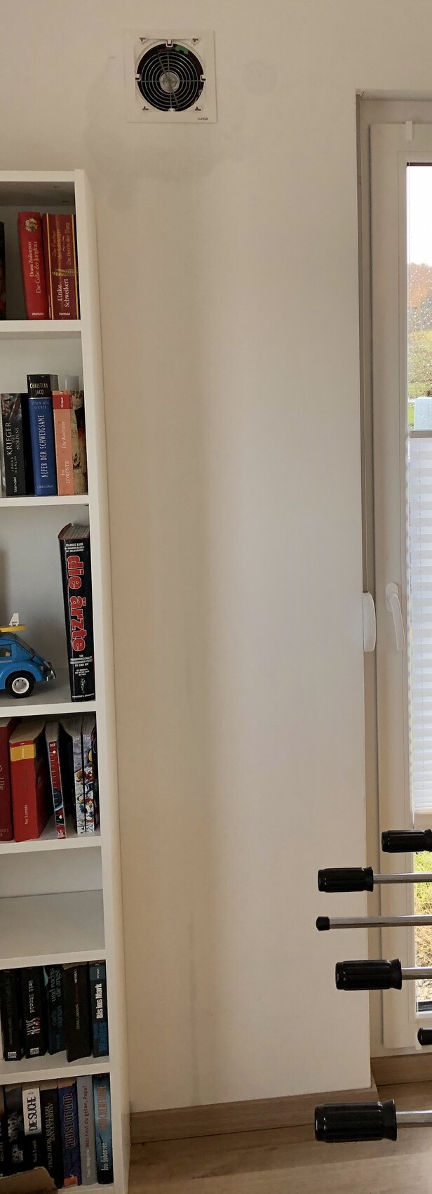 Heller Innenraum mit Bücherregal, Fensterfront und Ventilator an der Wand