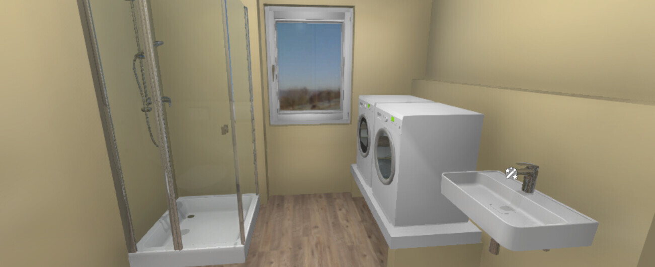 Kleines Badezimmer: linke Dusche, Fenster in der Mitte, rechts Waschmaschine/Trockner und Waschbecken.