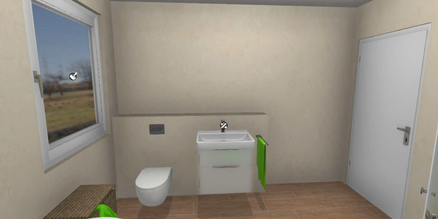 Badezimmer mit Waschbecken, Unterschrank, Toilette, Fenster und grünem Handtuch.
