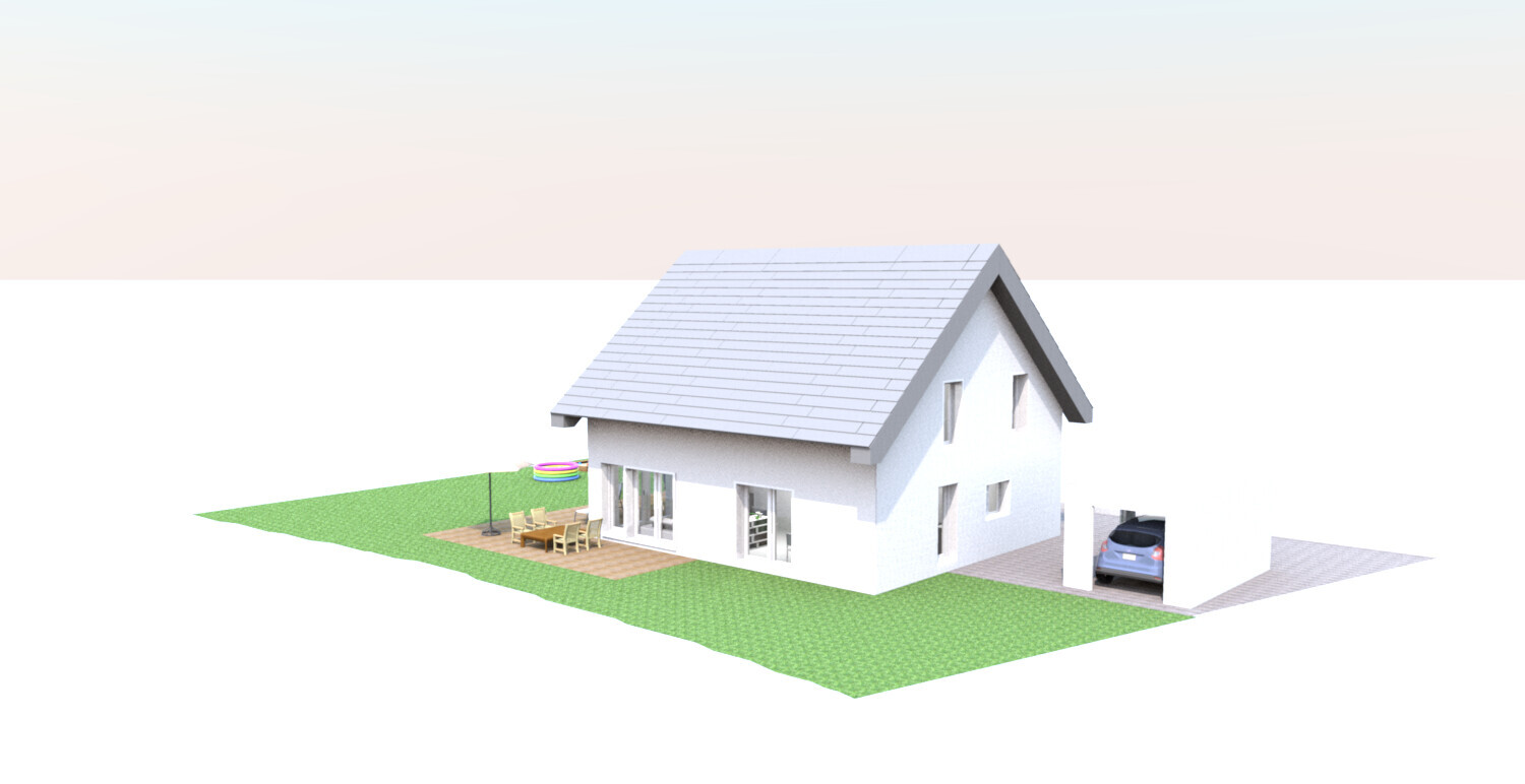 Modernes Einfamilienhaus mit Terrasse, Garten und geparktem Auto im Carport.