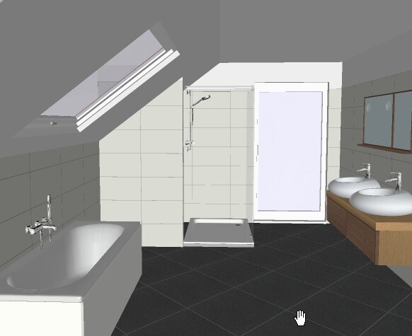 Badezimmer mit Dusche in der Mitte, Badewanne links, Doppelbecken rechts, Dachfenster
