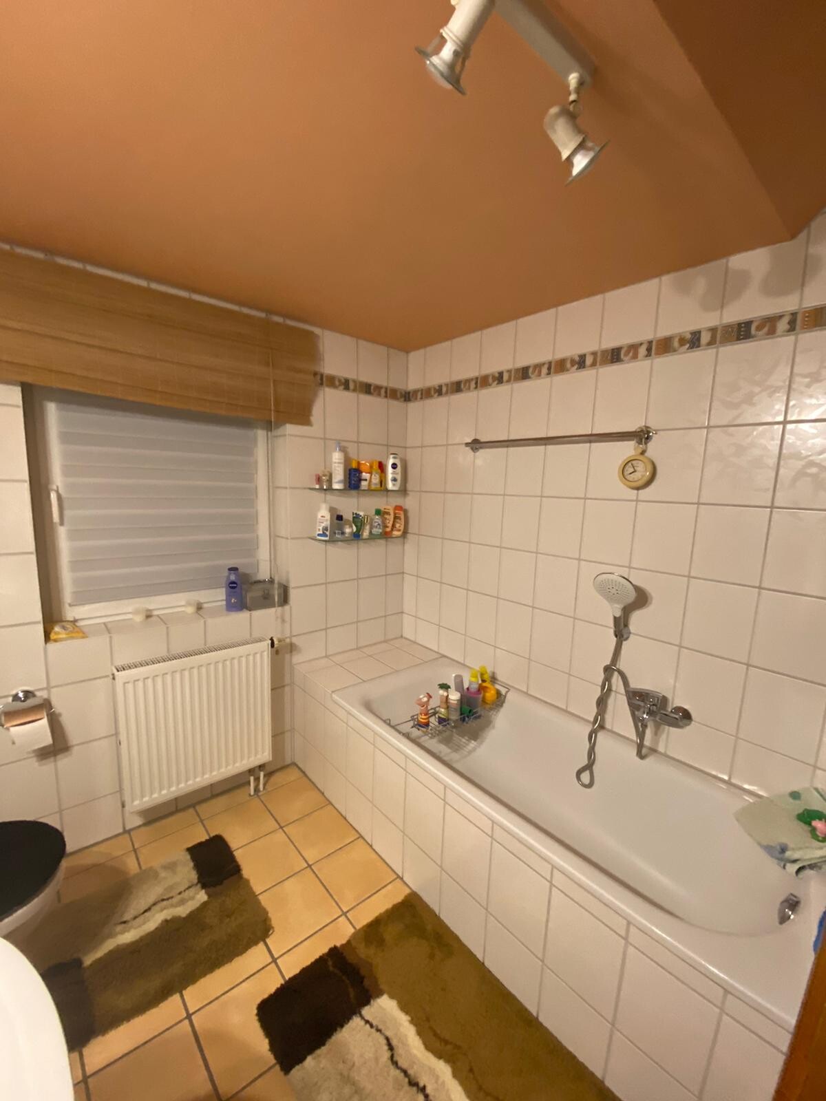 Weiße Badewanne an Fliesenwand, Duschkopf, Regal mit Pflegeprodukten, Fenster mit Rollladen.