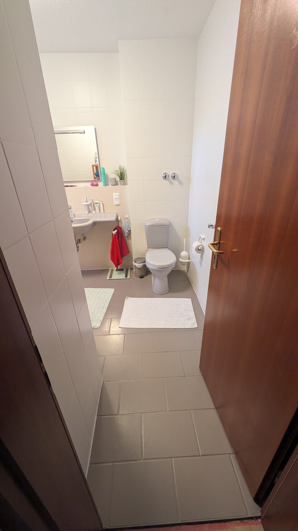 Kleines Badezimmer mit Toilette, Waschbecken, Spiegel, rotem Handtuch und grauen Fliesen.