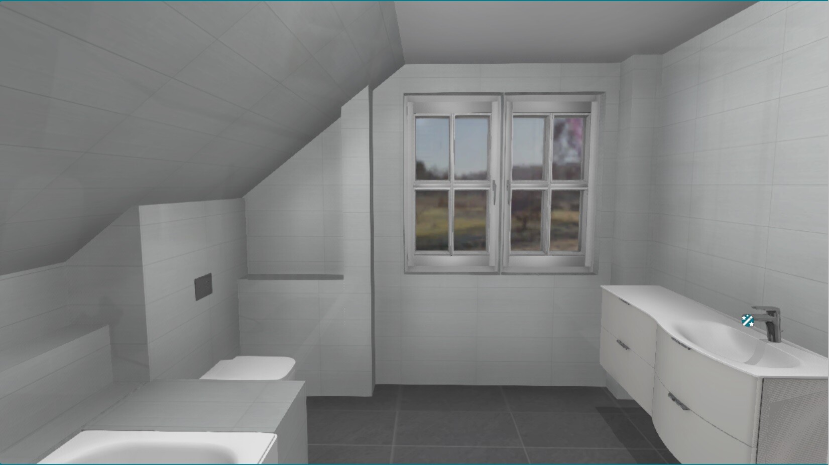 Helles Badezimmer mit Dachschräge, Fenster, Waschbecken-Unterschrank und Toilette.