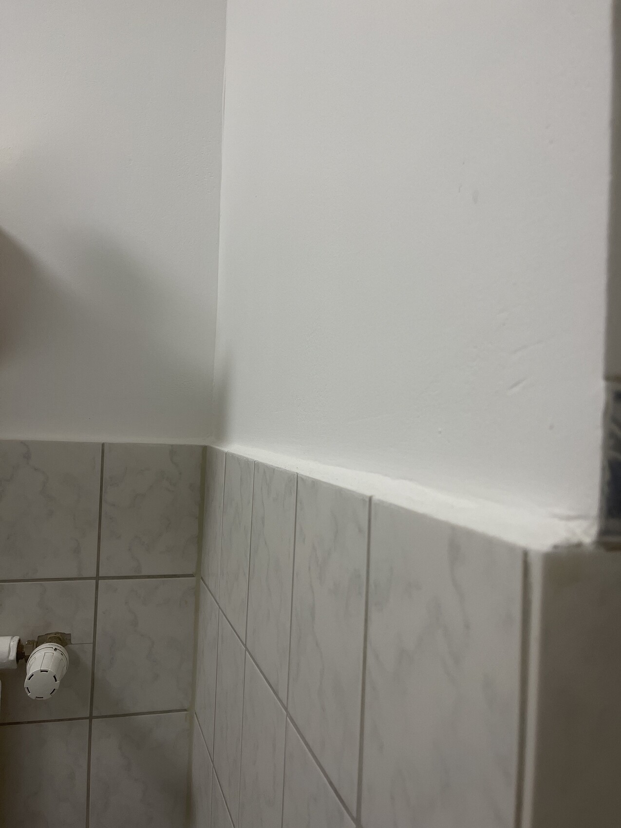 Badezimmer-Ecke: weiße Wand über graugemusterten Fliesen; linkes Ventil am Rohr.
