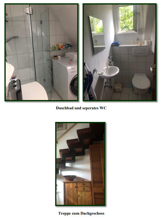 Duschbad mit Waschmaschine, Dusche und separatem WC; Treppe zum Dachgeschoss.