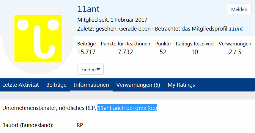 Profilseite eines Nutzers: Gelbes Quadrat-Avatar mit weißem Logo, Name 11ant.