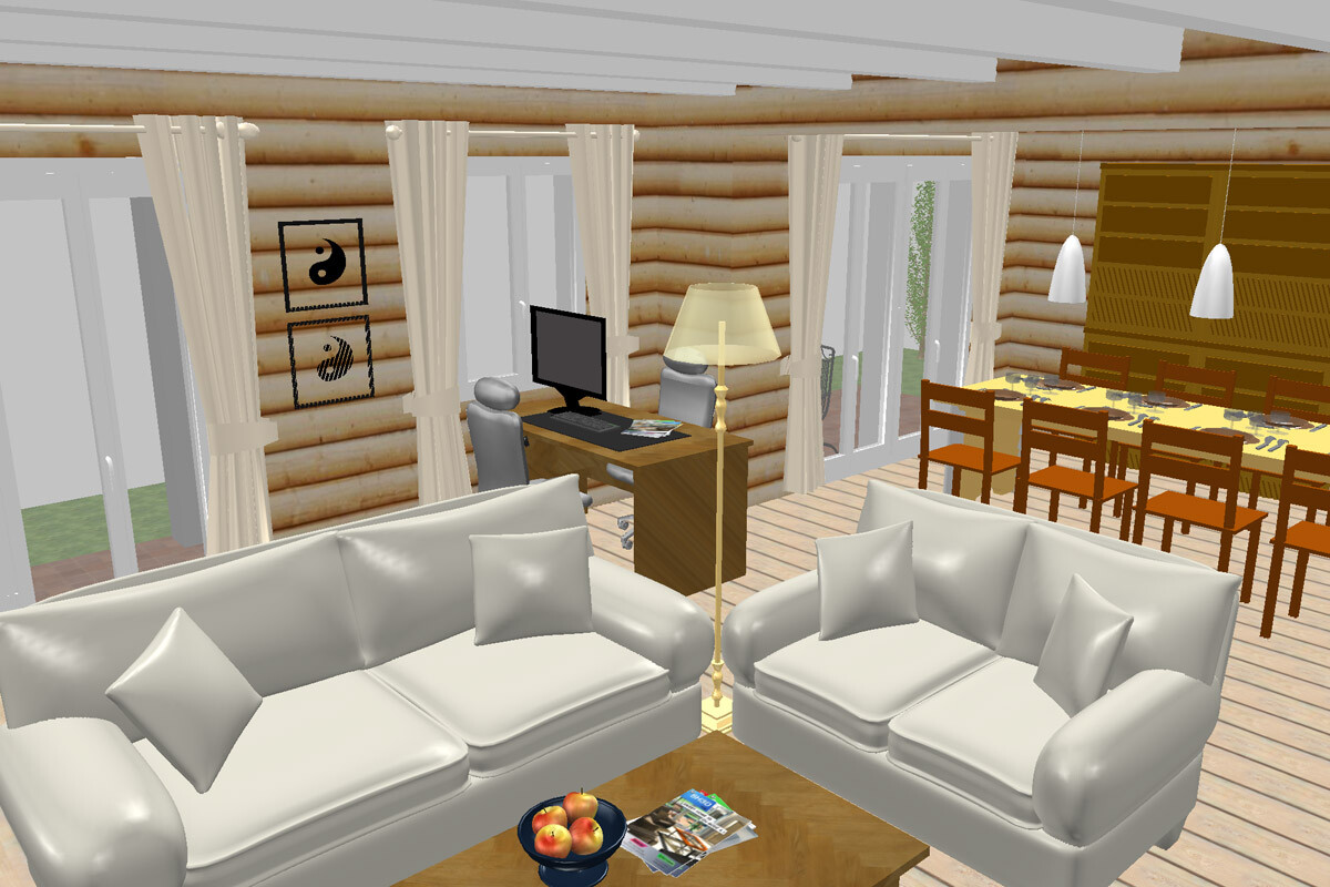 Blockhaus-Wohnzimmer mit zwei weißen Sofas, Couchtisch, Computer-Arbeitsplatz und Esstisch.