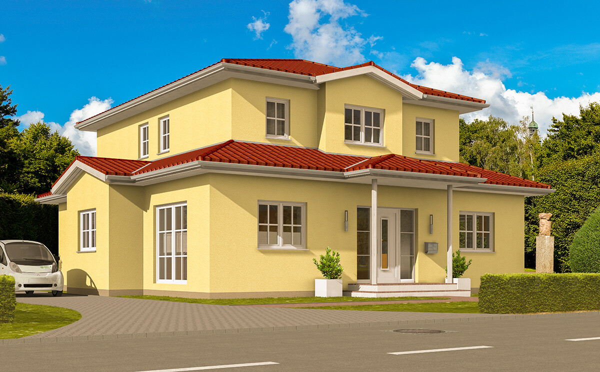 Gelbes zweistöckiges Haus mit rotem Ziegeldach, Veranda und Garten.