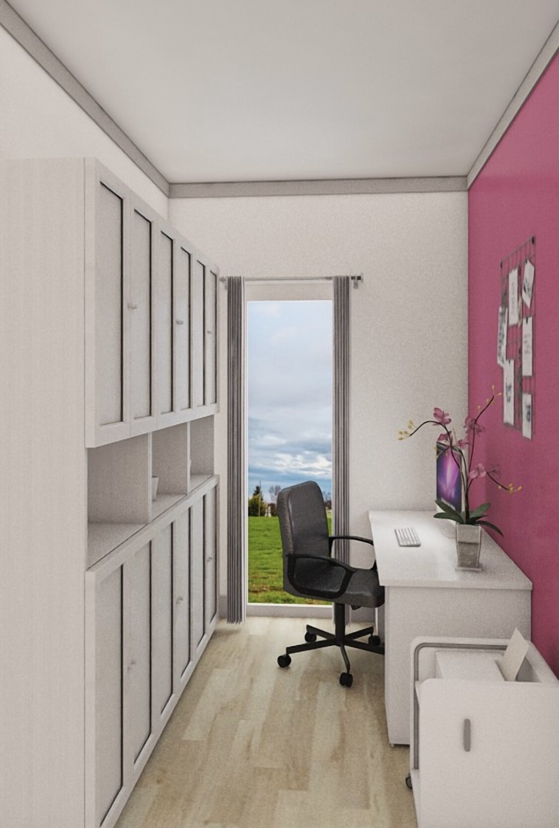 Helles Büro in schmalem Raum mit weißen Schränken, pinkfarbige Wand und Fensterblick auf Garten