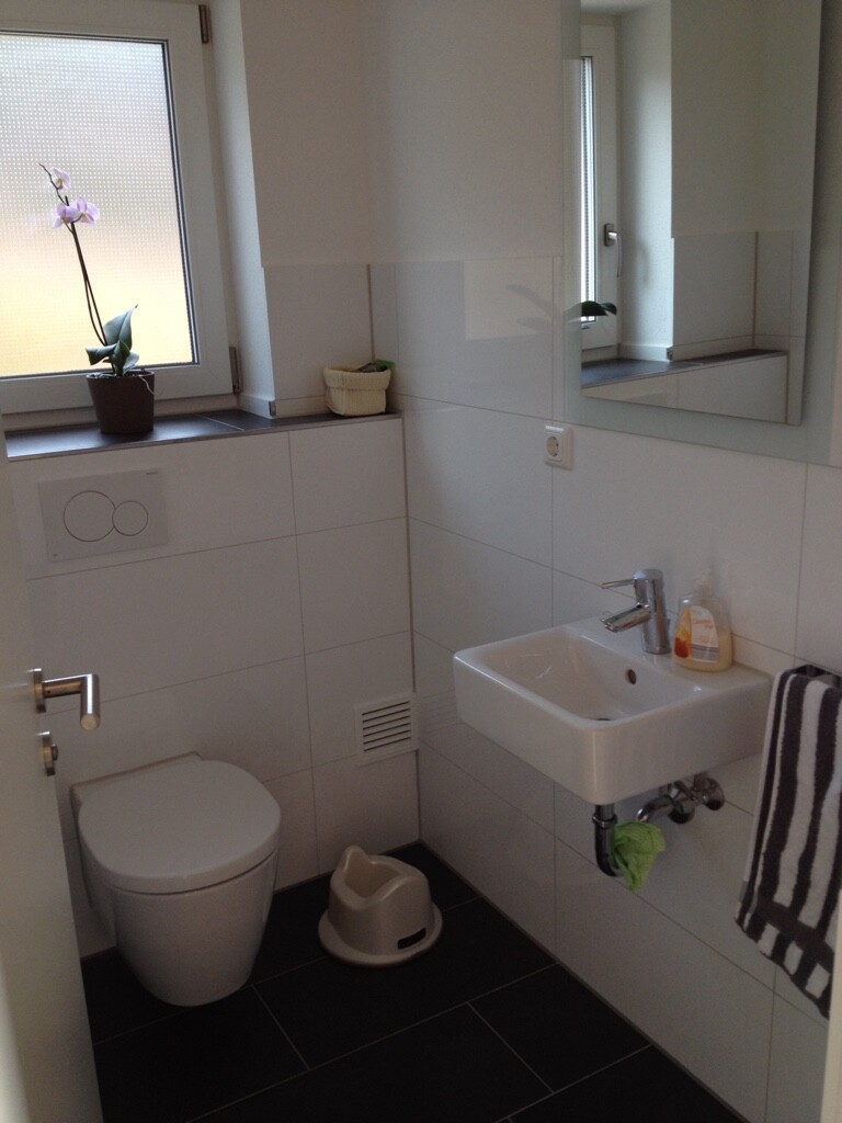 Kleines Badezimmer mit Toilette, Wandspülkasten, Waschbecken, Spiegel und Fenster mit Orchidee.