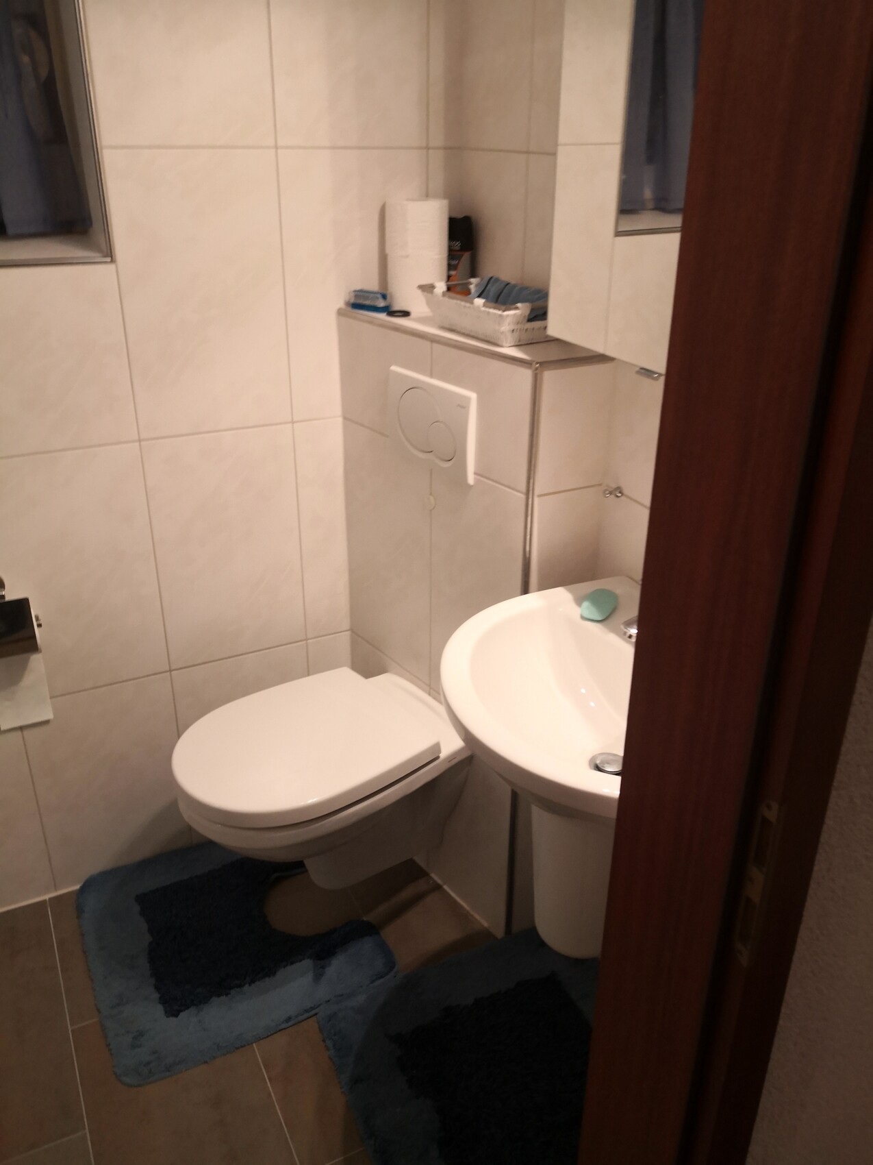 Kleines Badezimmer mit WC, Waschbecken, blauen Badmatten und Ablage mit Hygieneartikeln.