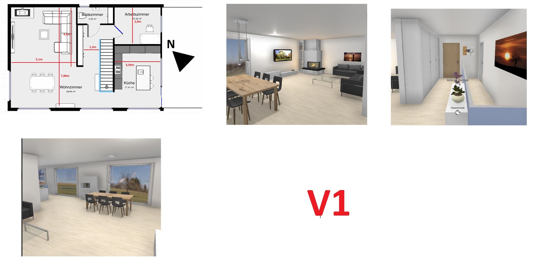 Kollage aus Grundrissplan und drei 3D-Wohnrenderings: Wohnzimmer, Kamin, Essbereich, Küche, Flur.