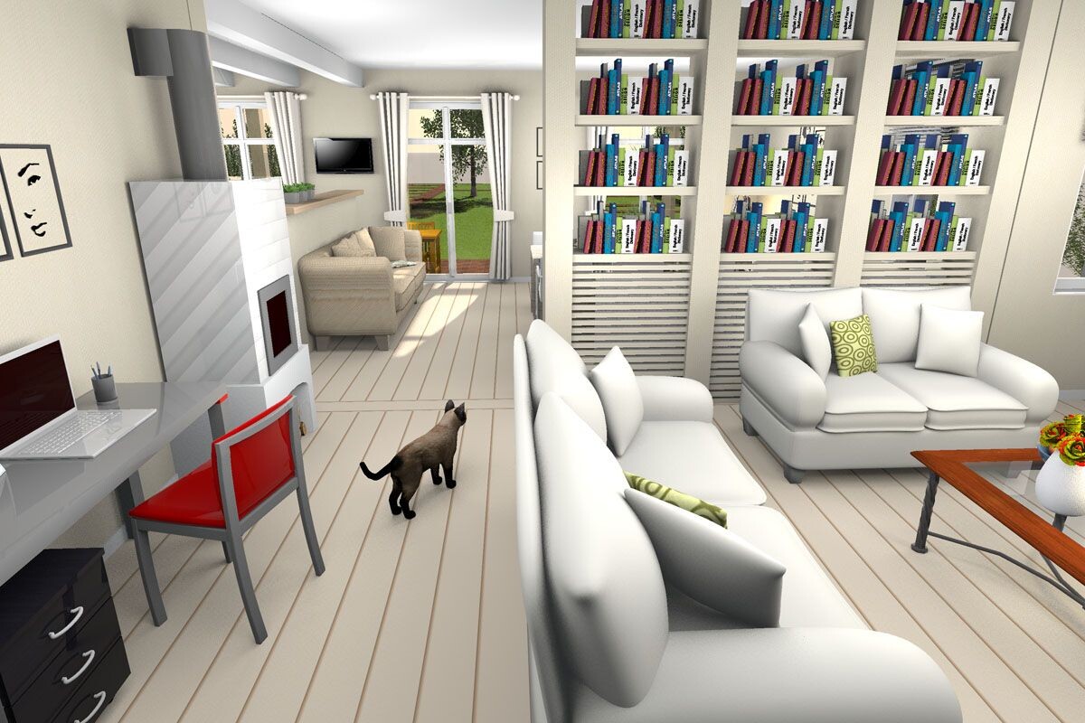 Helles Wohnzimmer mit Bücherregal-Wand, Sofa-Gruppe, Kamin, Schreibtisch-Laptop, Katze auf Holzboden.