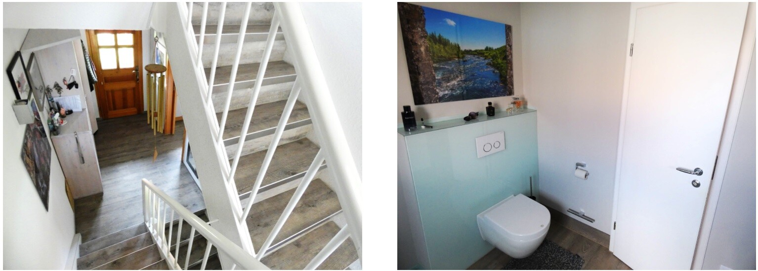 Bildseite links: Treppenaufgang im Flur; rechts: modernes WC mit Wandspülkasten und Bild darüber.