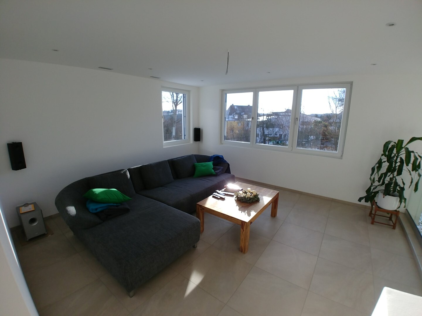 Helles Wohnzimmer mit grauem Ecksofa, Holztisch, Pflanze und großen Fenstern mit Aussicht