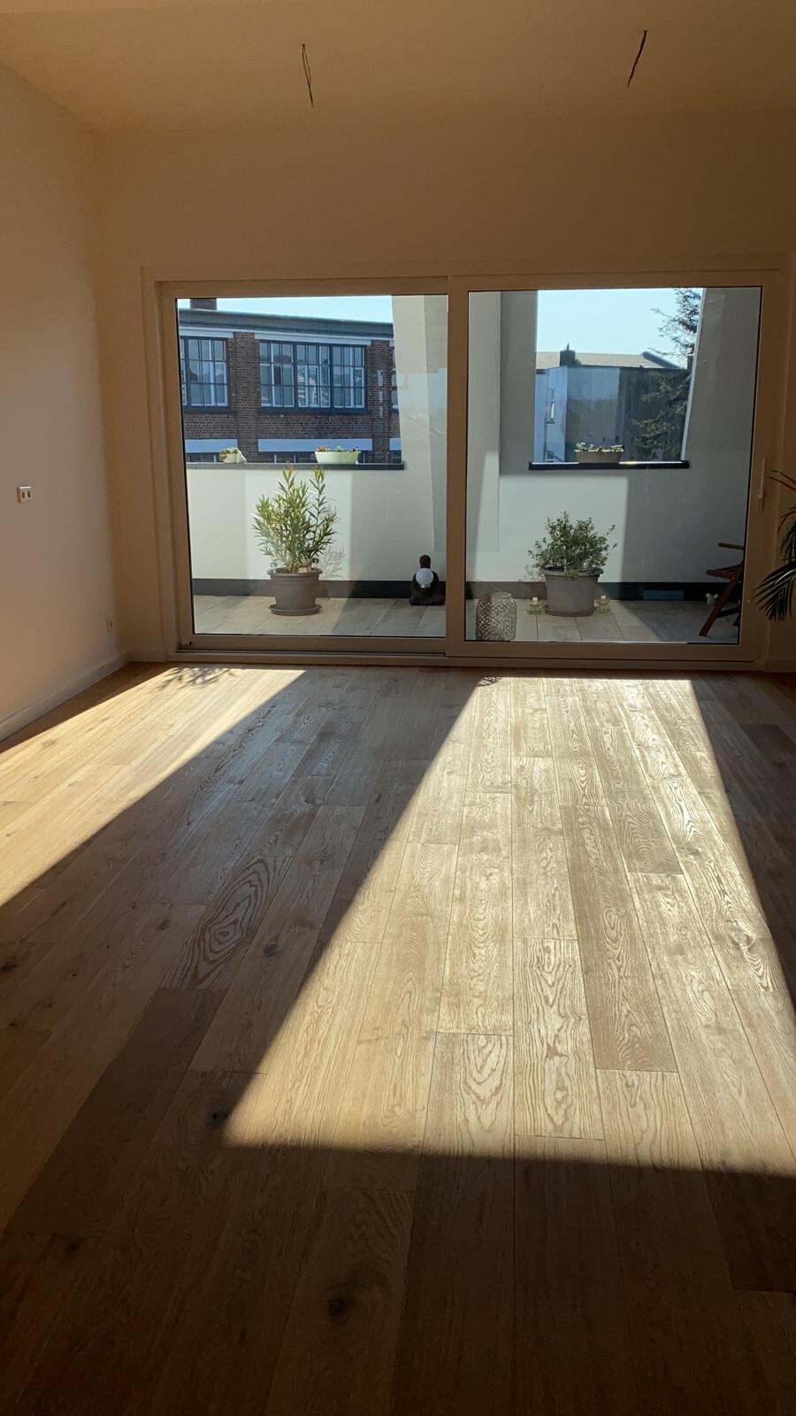Wohnzimmer mit Holzboden, Glasschiebetüren zum Balkon; Balkonpflanzen sichtbar.