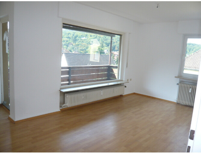 Leeres Wohnzimmer mit Holzboden, großer Fensterfront, Heizkörpern und Balkonblick.