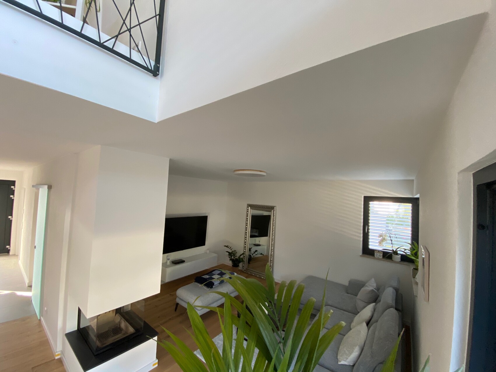 Modernes Wohnzimmer: graue Couch, TV-Konsole, Kamin, großer Spiegel, Fensterfront mit Pflanze.