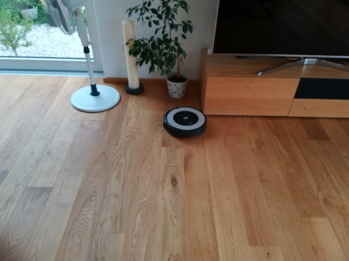 Wohnzimmerboden mit runder Staubsaugerroboter vor TV-Schrank, Pflanze und Kerzenhalter.
