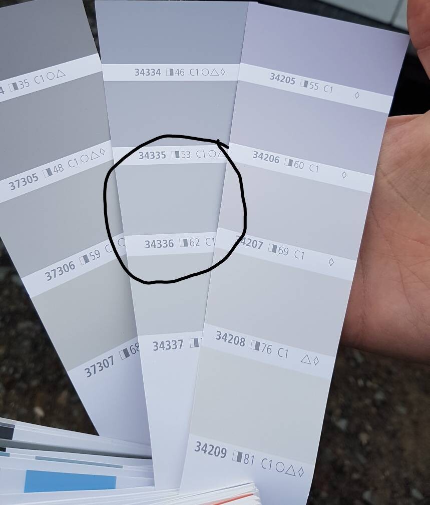 Grautöne-Farbkarten; zentrale Karte 34335/34336 ist markiert.
