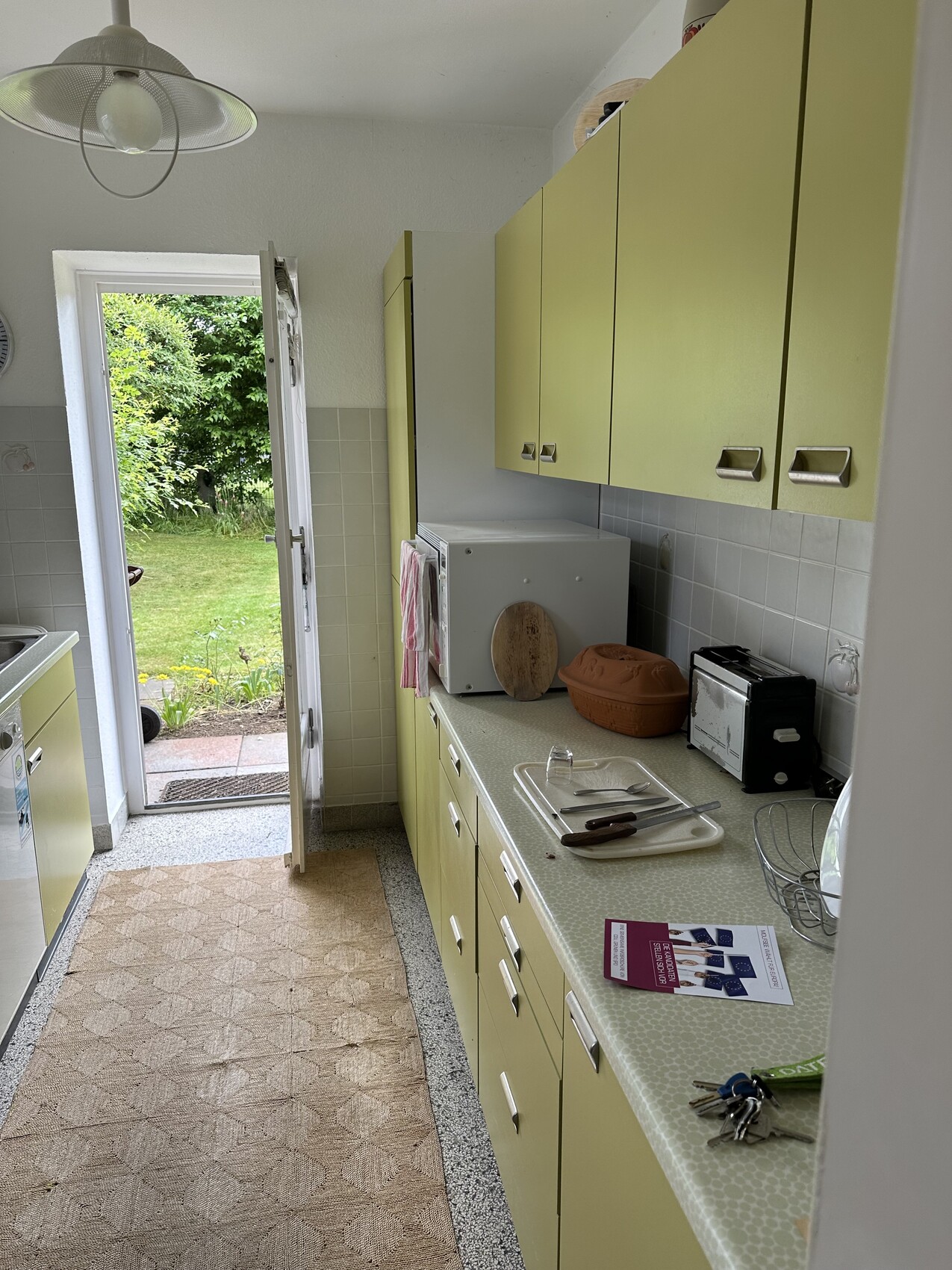 Küche mit hellgrünen Schränken, offene Tür zum Garten, Mikrowelle und Toaster.