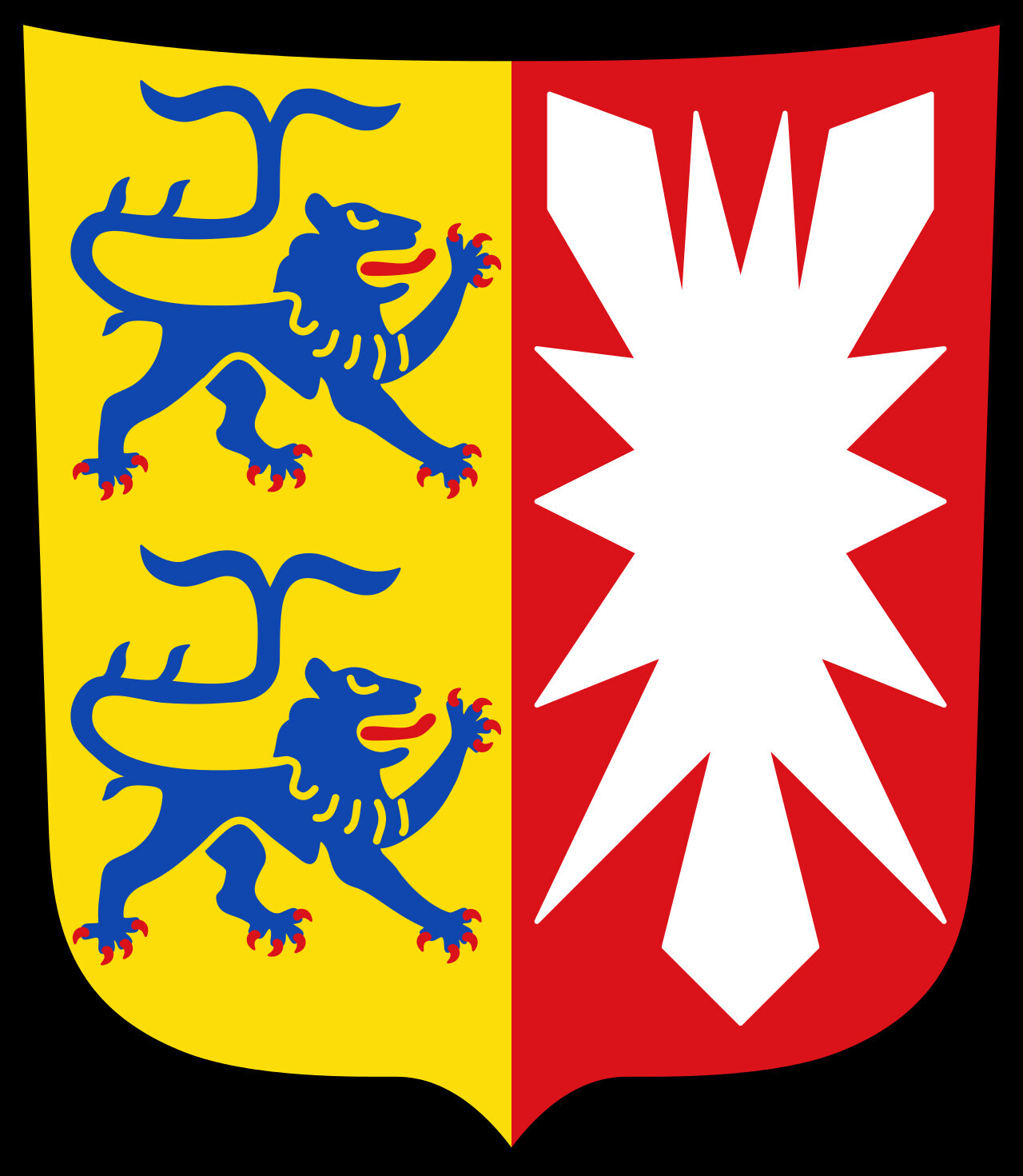 Wappen: vertikal geteilt, links gelb mit zwei blauen Löwen, rechts rotes Feld mit weißem achtzackigem Stern.