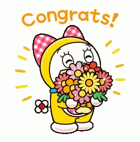 Niedliche Cartoonfigur hält einen Blumenstrauß und zeigt den Text Congrats.