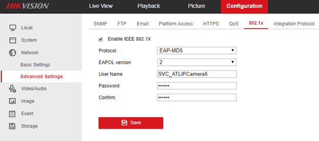 Hikvision Web-Oberfläche: 802.1X-Konfiguration mit EAP-MD5, Nutzername und Passworteingabe.