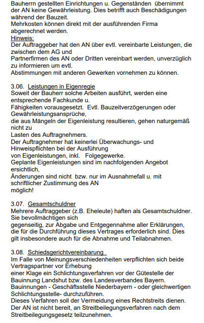 Seite mit Vertragsklauseln zu Eigenleistungen, Gewährleistung und Schiedsgericht.