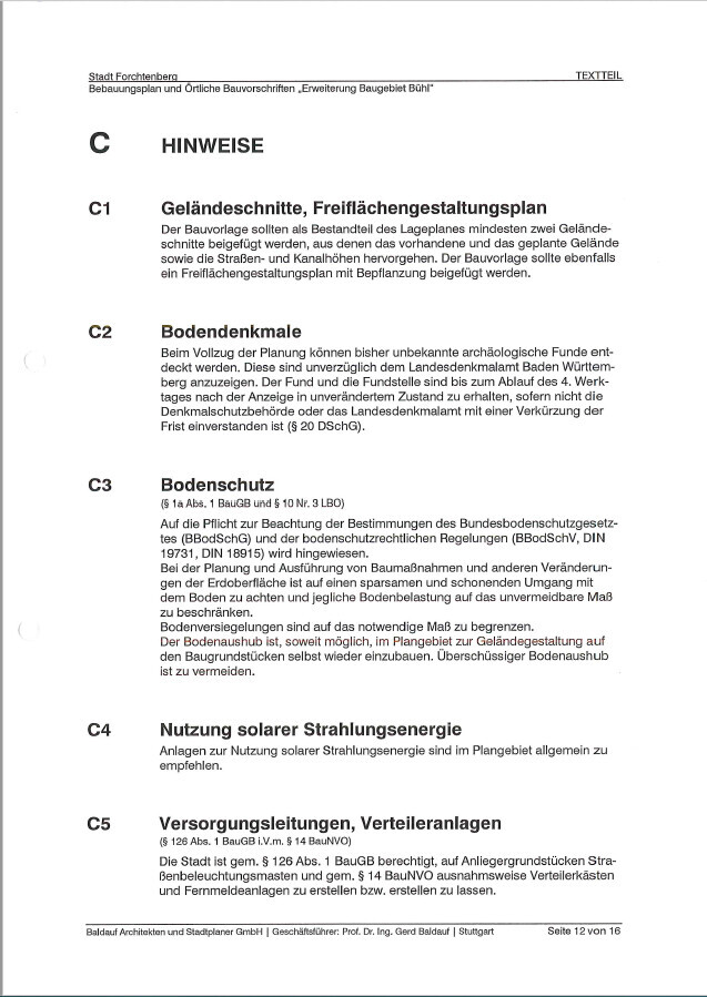Seite eines Bebauungsplans mit Hinweisen C1–C5 (Geländeschnitte, Bodenschutz, Solarenergie).