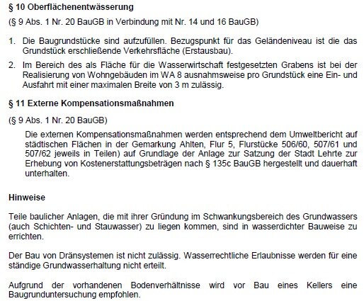 Ausschnitt aus §10 und §11 BauGB: Oberflächenentwässerung und Kompensationsmaßnahmen.