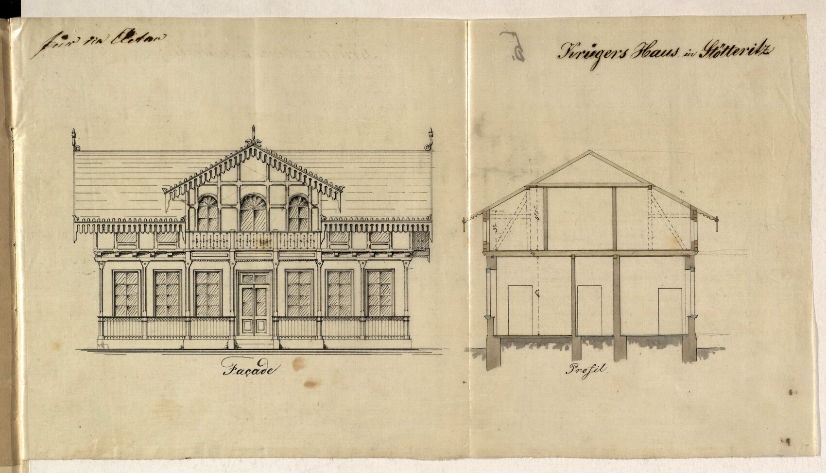 Architektonische Zeichnung eines viktorianischen Hauses: Fassade links, Profil rechts.