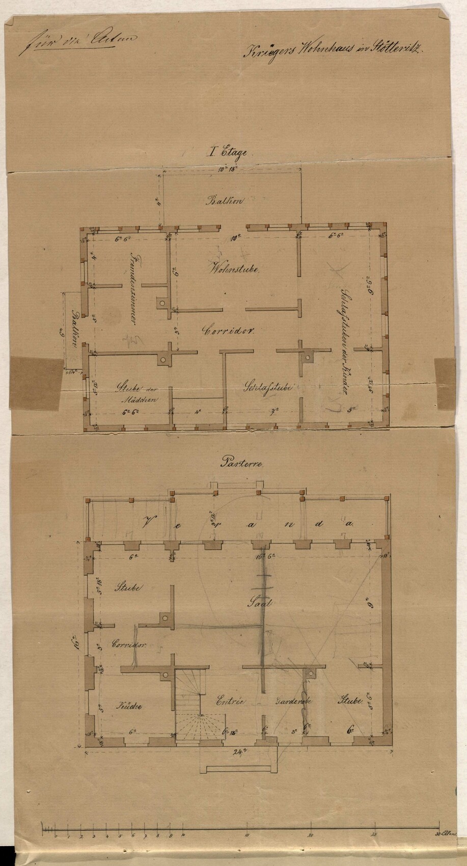 Historischer Grundriss eines Wohnhauses mit Parterre und I. Etage in Höttteritz, beschriftete Räume.