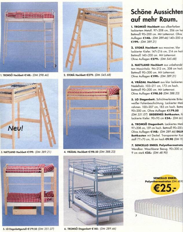 Mehrere Holzbett-Hochbetten in einem Möbelkatalog abgebildet.