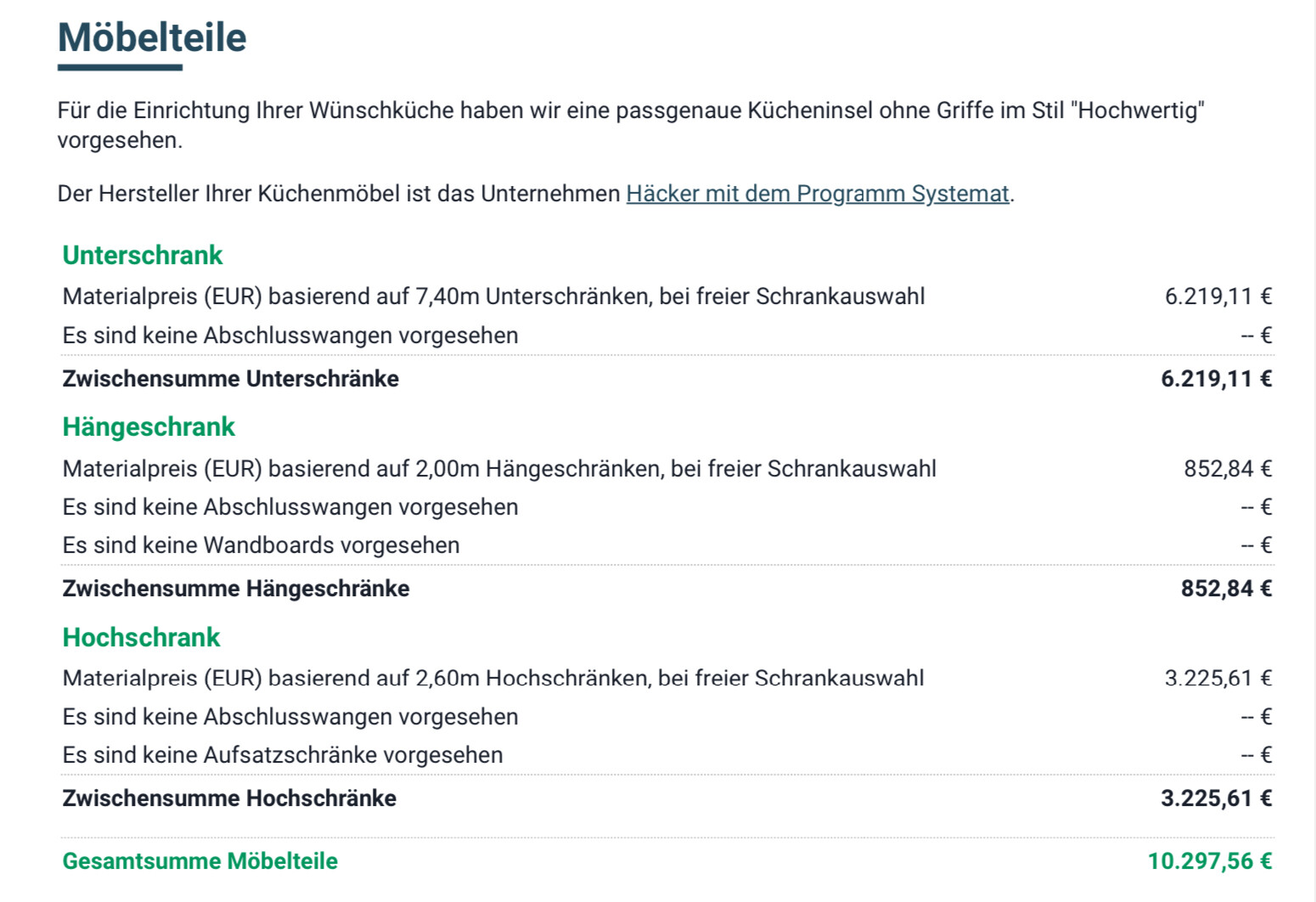 Preisübersicht der Küchenmöbelteile: Unterschränke, Hängeschränke, Hochschränke mit Zwischensummen
