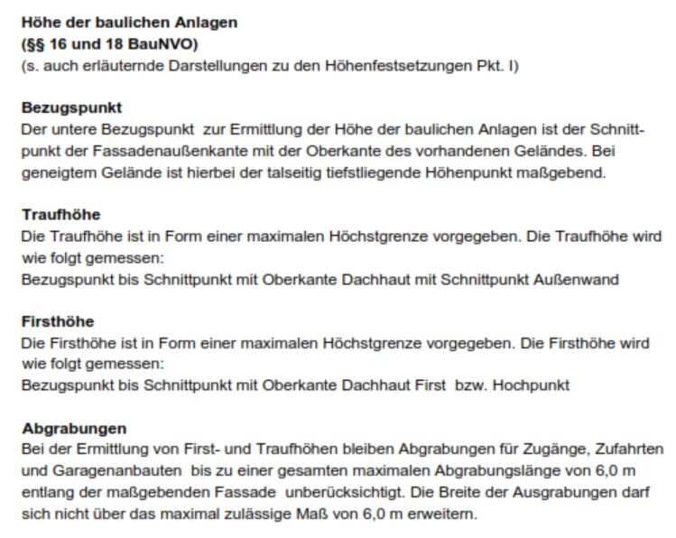 Seite mit Höhenregelungen baulicher Anlagen: Bezugspunkt, Traufhöhe, Firsthöhe.