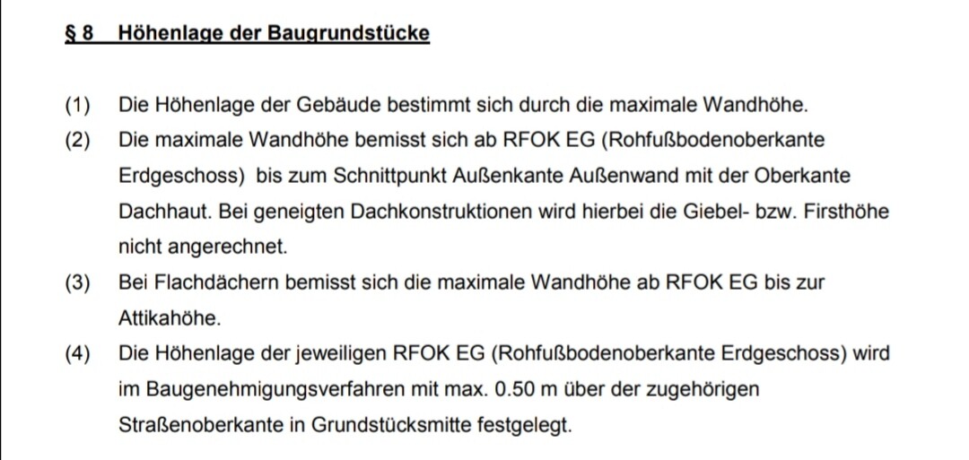 Scan eines Textdokuments zur Höhenlage von Baugrundstücken mit nummerierten Absätzen