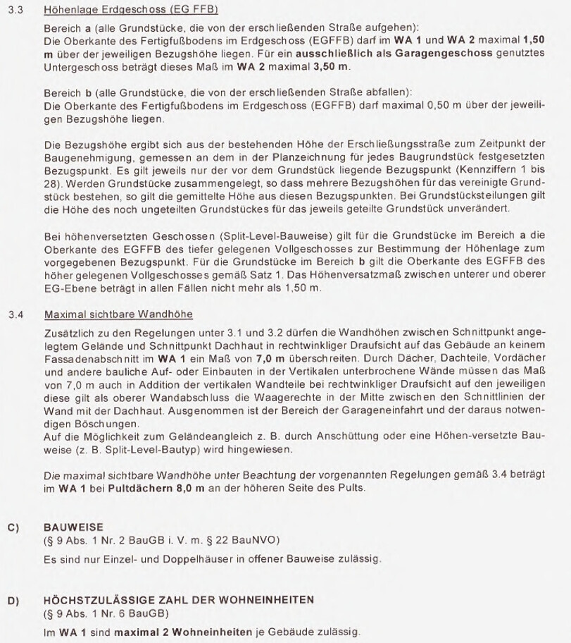 Seiten eines Bauvorschriften-Dokuments mit Abschnitten zu Höhenlage, Bezugshöhen und Wandhöhen.