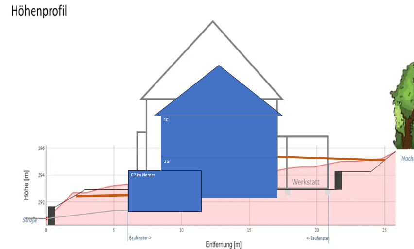 Höhenprofil: Blaues Haus über Geländeprofil, links Straße, rechts Baum; EG/UG beschriftet.