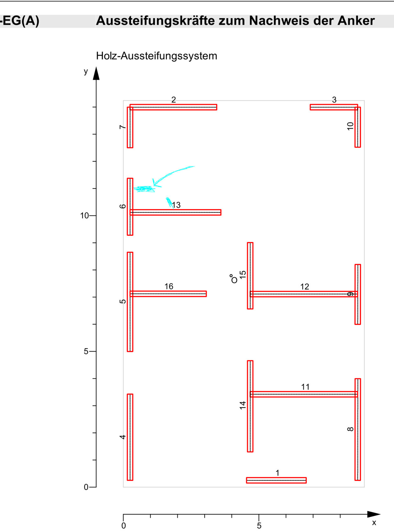 Technische Zeichnung eines Holz-Aussteifungssystems mit Ankern