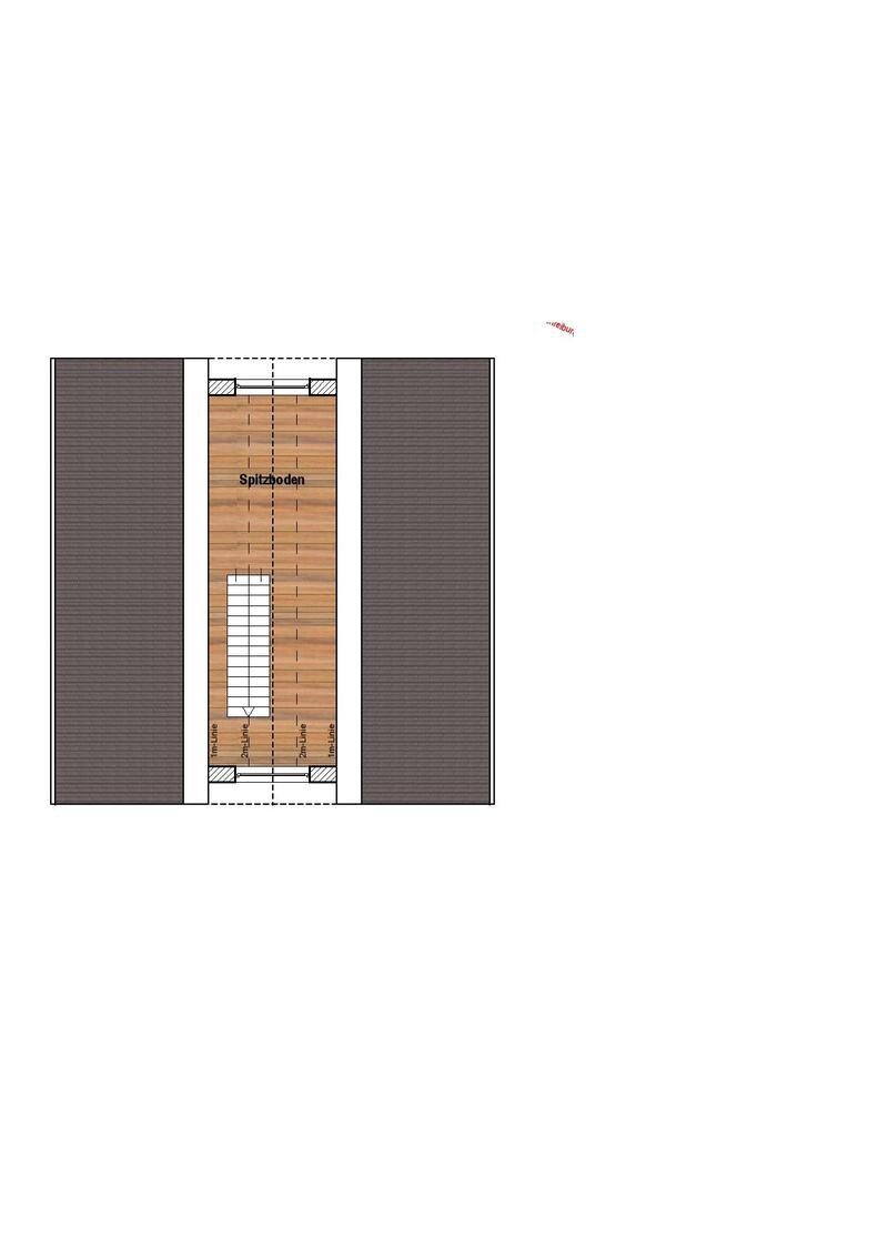 Grundriss des Spitzbodens mit zentraler Treppe, Holzboden und Dachschrägen links/rechts.