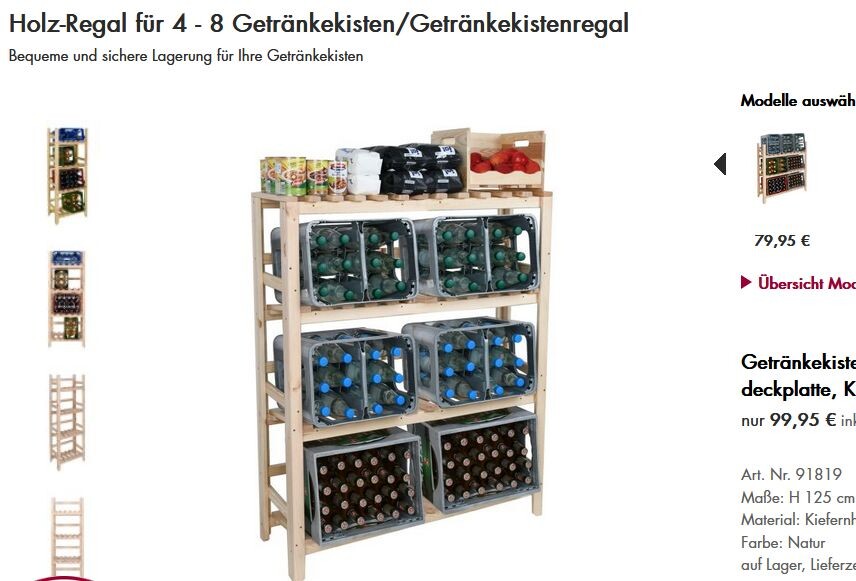 Holzregal für 4–8 Getränkekisten mit Flaschenkisten auf mehreren Ebenen.