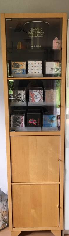 Holz-Vitrine mit Glasregalen und zwei Schranktüren als Wohnzimmermöbel.