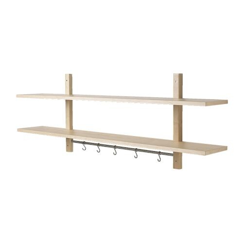 Holz-Wandregal mit zwei Brettern und Haken, ideal für Flur.