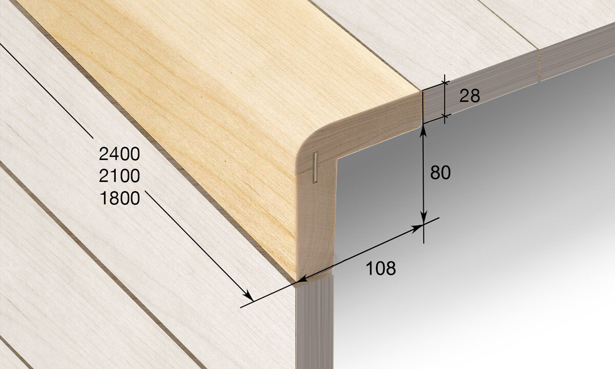 Holzplatte mit abgerundeter Kante; Maßangaben 28,80,108 und Längen 2400/2100/1800.