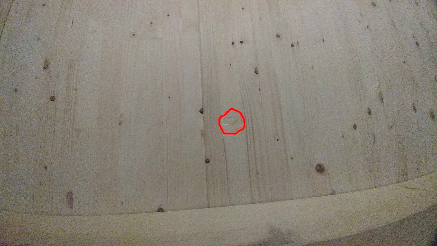 Holzboden aus hellen Holzbrettern; rote Umrandung markiert eine kleine Delle in der Oberfläche.